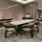 Rounded Rectangular Marble Dining Table with Woven Leather Arched Base and Metal Trim